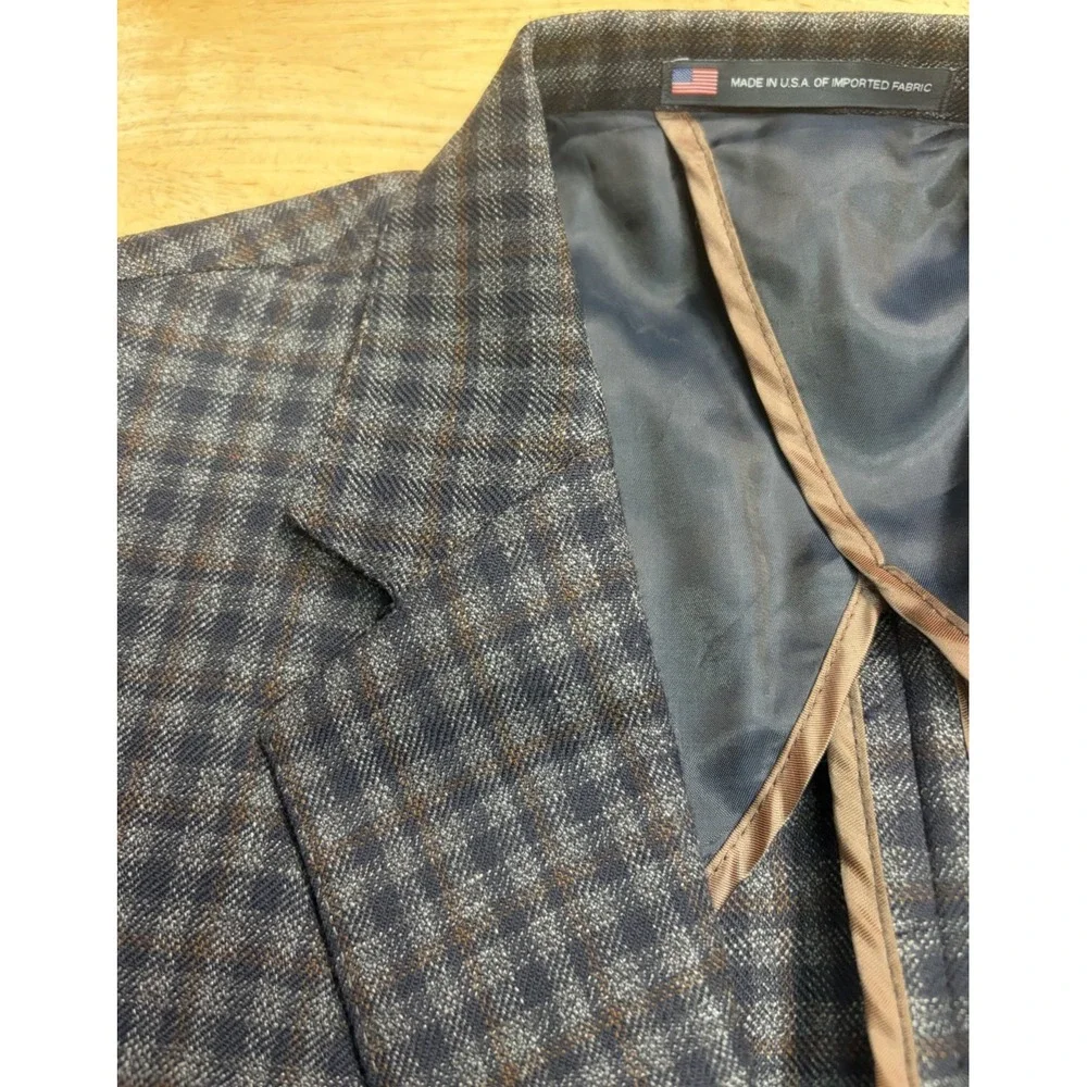 Mens Hart Schaffner Marx Sport Coat Jacket Size 48L Plaid Blue Brown USA Made